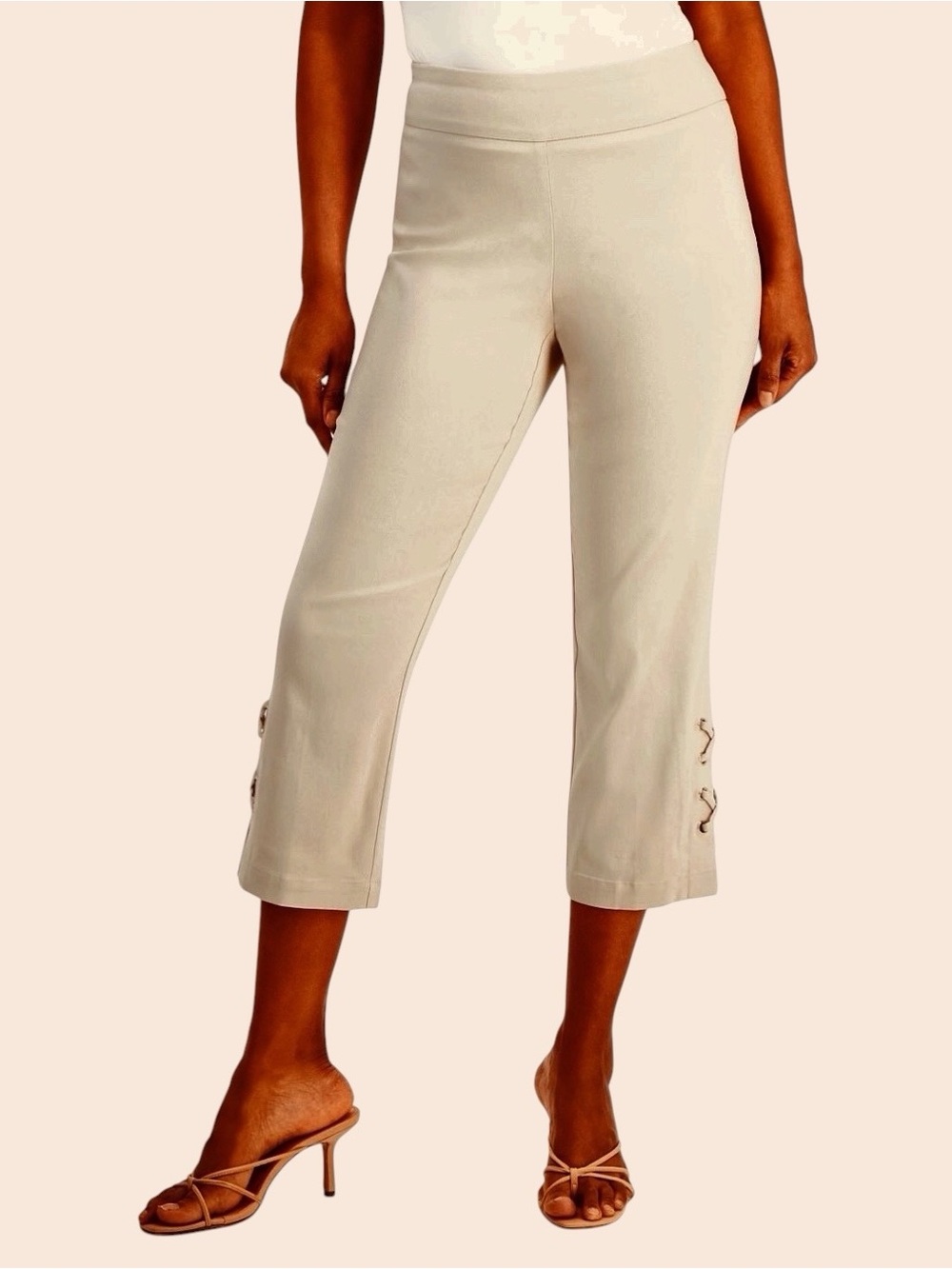 JM Collection Tummy Control Side-Lace-Up Pull On Capri Pants Women’s M Stonewall